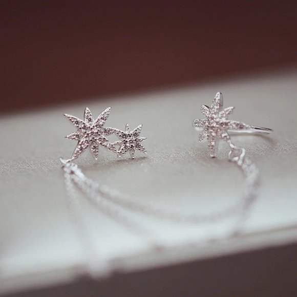 925 Sterling Silver Diamond Star Chain Earrings - Picture 7 of 8
